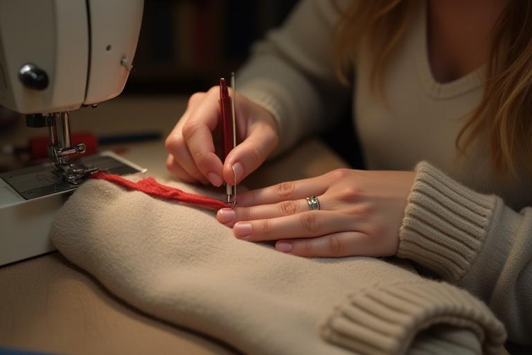 Seamstress stitching a dog sweater in Maple Paw studio