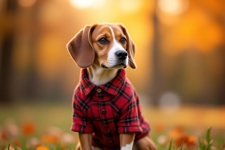 Beagle in plaid flannel shirt