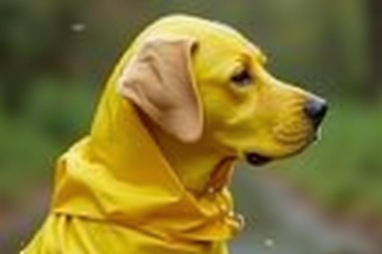 Labrador wearing yellow raincoat